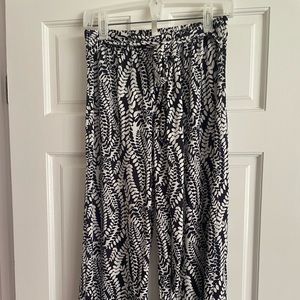 Ink Navy & White stretch polyester print wide leg cropped pants w/sash L